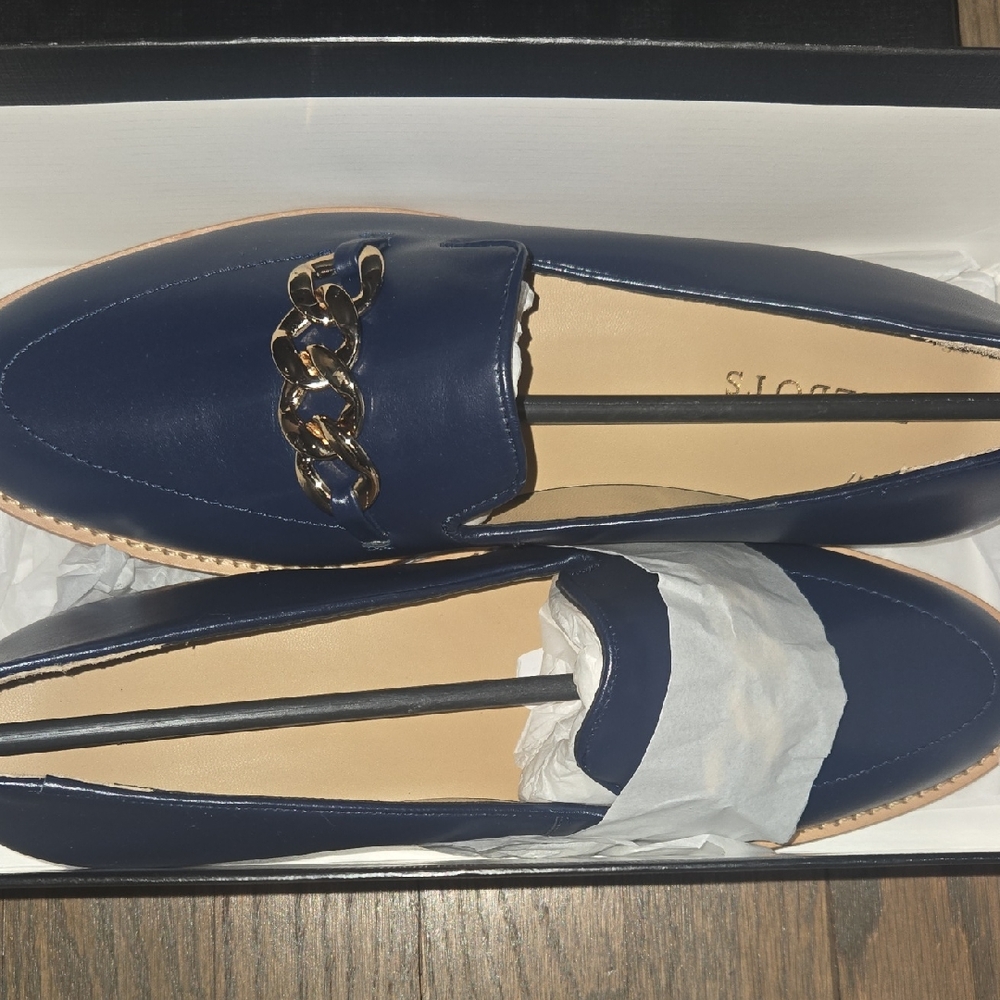 Talbots Navy Loafers with Gold Chain Detail